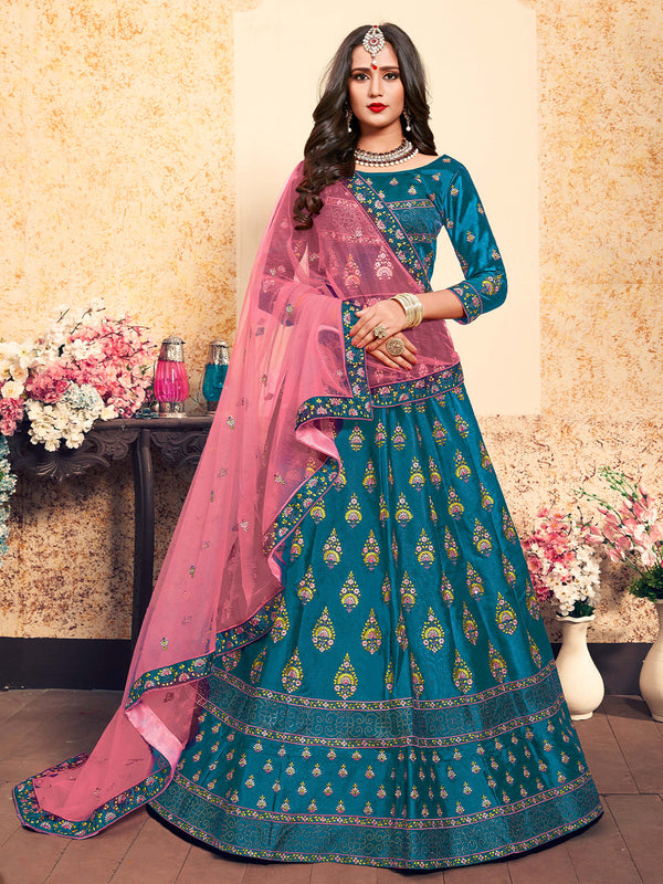 Semi Stitched Teal Embroidered Semi Stitched Lehenga With  Unstitched Blouse Clothsvilla