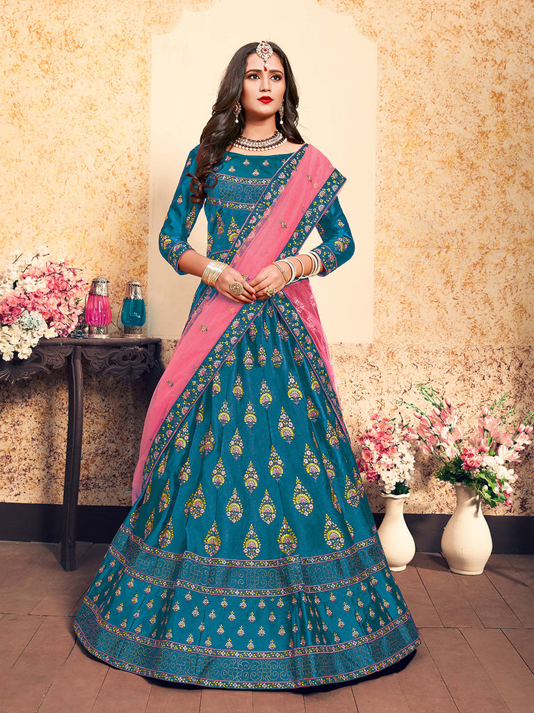 Semi Stitched Teal Embroidered Semi Stitched Lehenga With  Unstitched Blouse Clothsvilla