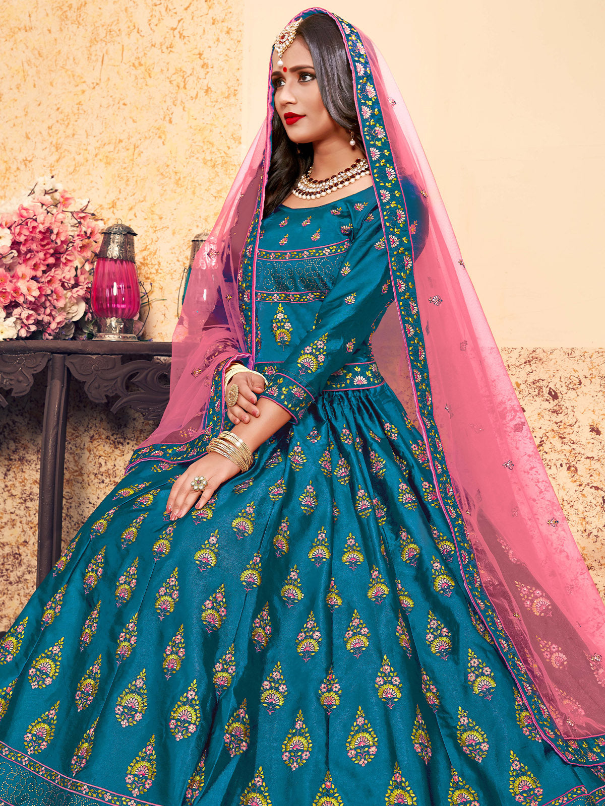 Semi Stitched Teal Embroidered Semi Stitched Lehenga With  Unstitched Blouse Clothsvilla