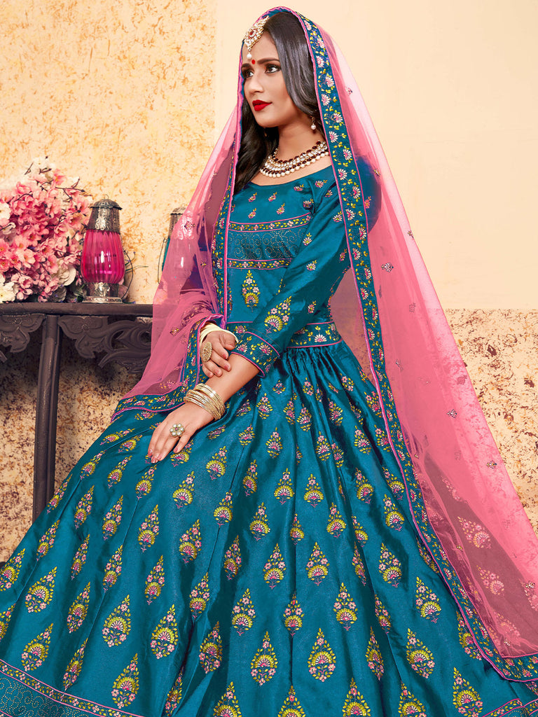Semi Stitched Teal Embroidered Semi Stitched Lehenga With  Unstitched Blouse Clothsvilla