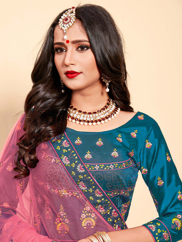 Semi Stitched Teal Embroidered Semi Stitched Lehenga With  Unstitched Blouse Clothsvilla
