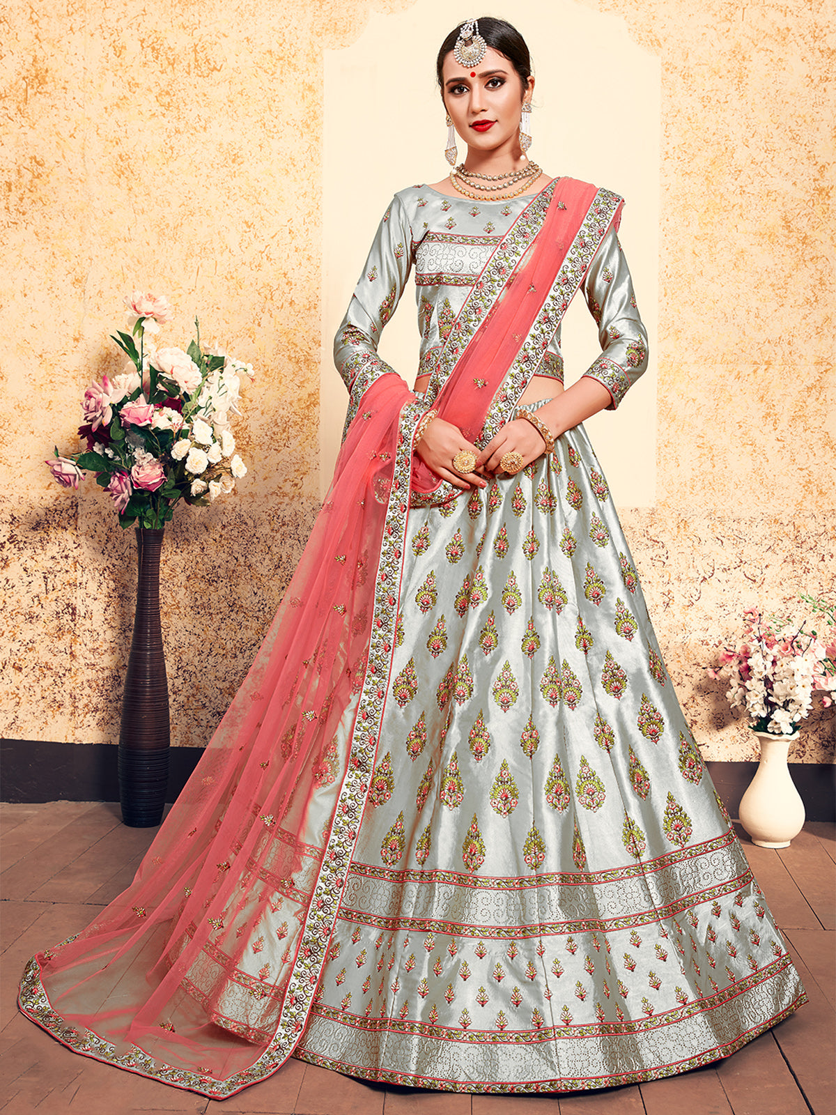 Ruby Red Lehenga Set with Self Embroidery, Matching Dupatta & Frill Details  - Seasons India