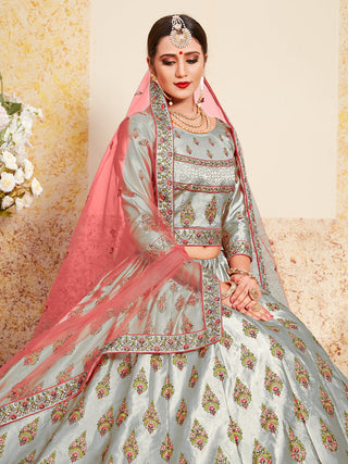 Grey Designer Semi Stitched Lehenga With  Unstitched Blouse Clothsvilla