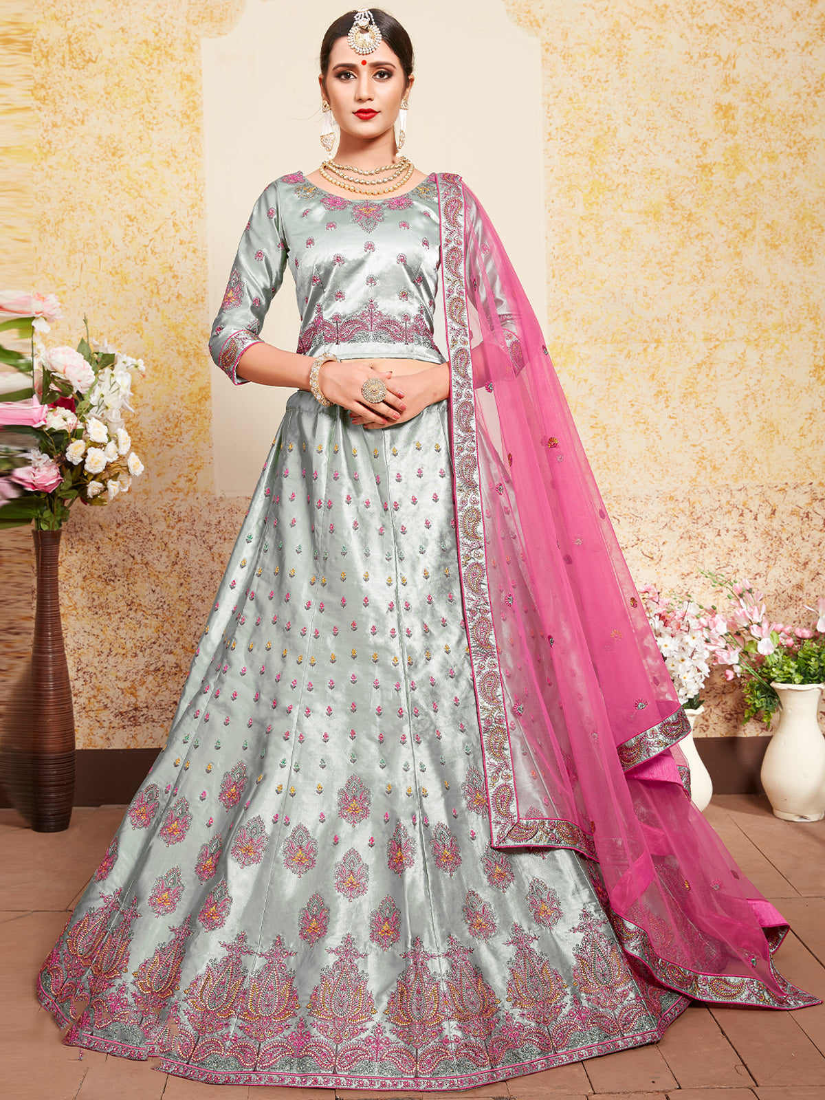 Grey Designer Semi Stitched Lehenga With  Unstitched Blouse Clothsvilla Main image