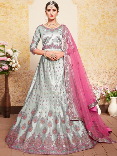 Grey Designer Semi Stitched Lehenga With  Unstitched Blouse Clothsvilla