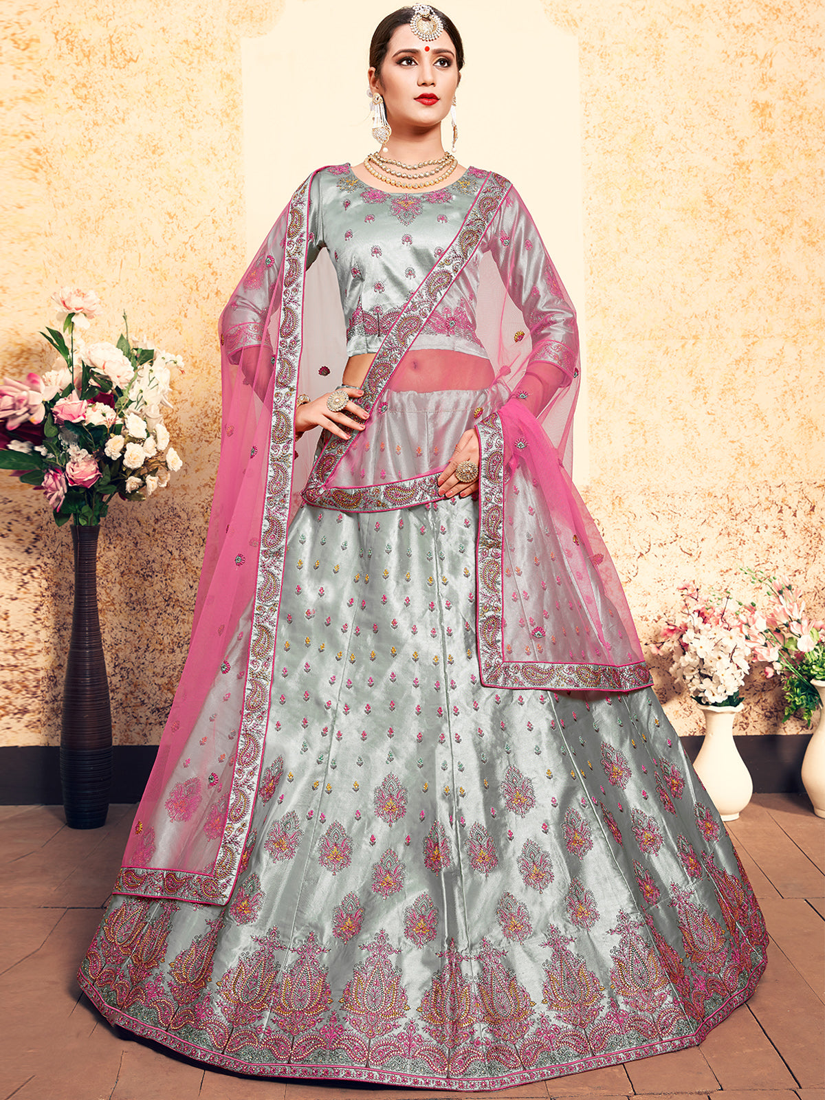 Grey Designer Semi Stitched Lehenga With  Unstitched Blouse Clothsvilla