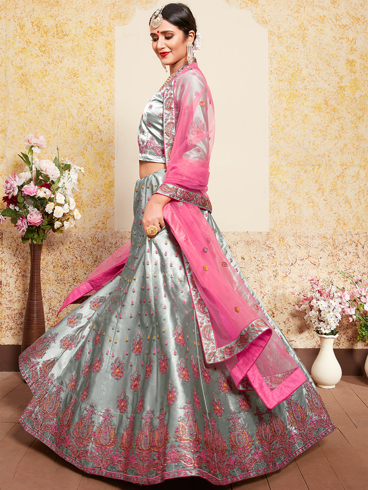 Grey Designer Semi Stitched Lehenga With  Unstitched Blouse Clothsvilla