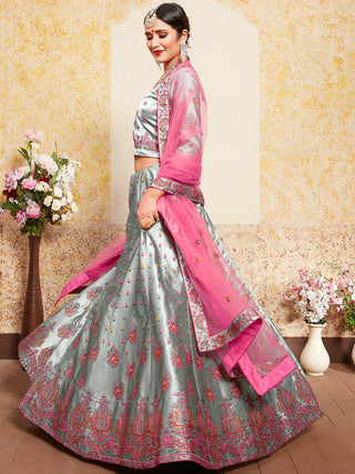 Grey Designer Semi Stitched Lehenga With  Unstitched Blouse Clothsvilla