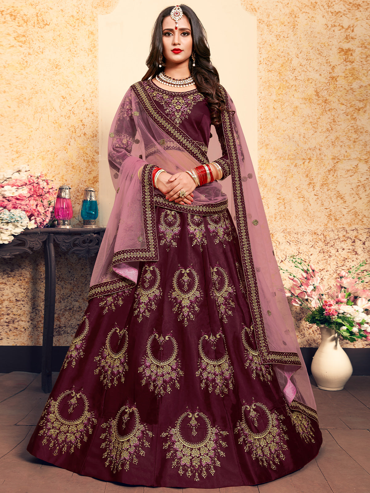 Soft Net Maroon  Semi Stitched Lehenga With  Unstitched Blouse Clothsvilla Main image