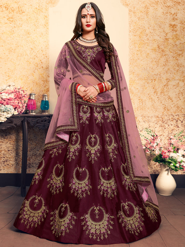 Soft Net Maroon  Semi Stitched Lehenga With  Unstitched Blouse Clothsvilla