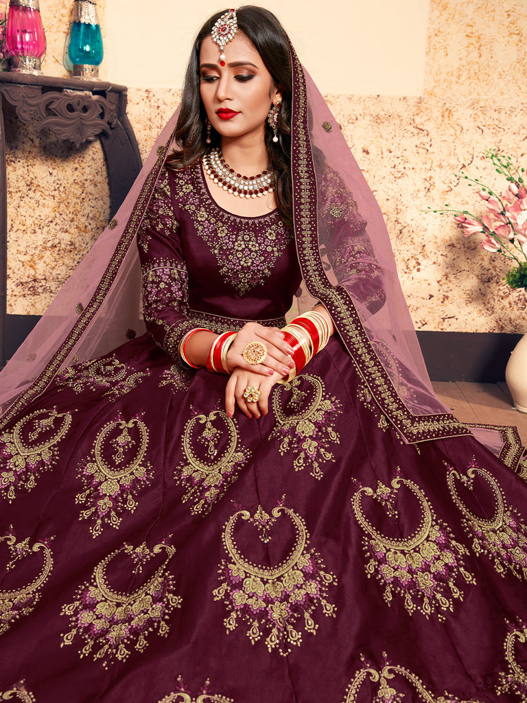 Soft Net Maroon  Semi Stitched Lehenga With  Unstitched Blouse Clothsvilla