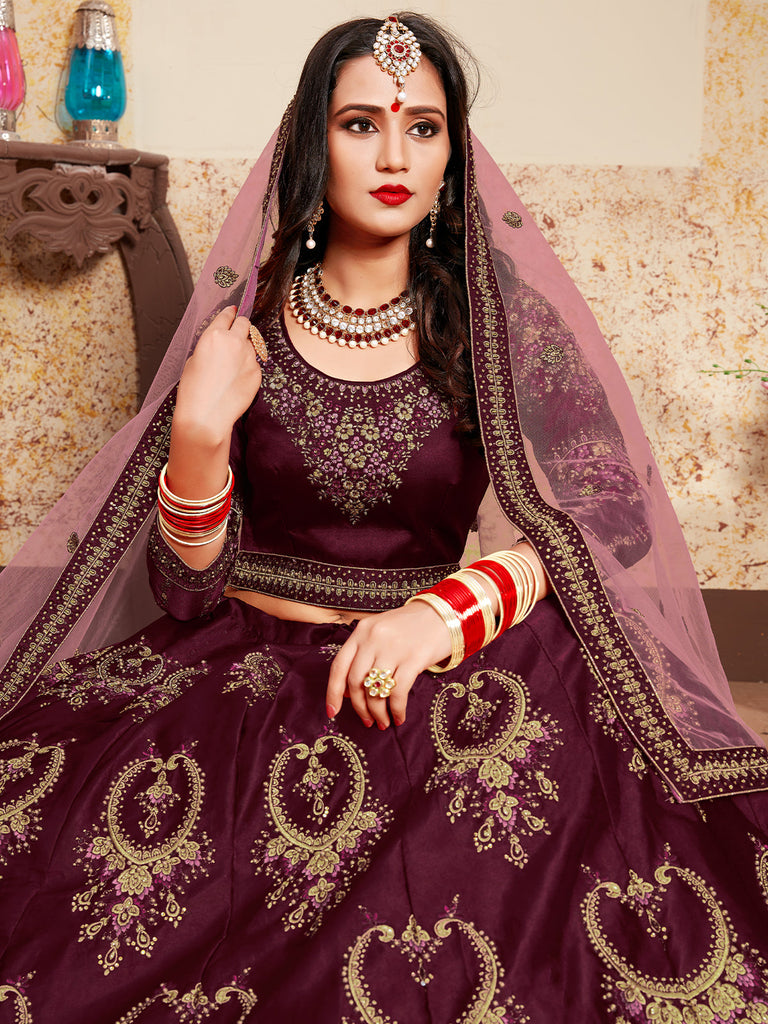 Soft Net Maroon  Semi Stitched Lehenga With  Unstitched Blouse Clothsvilla