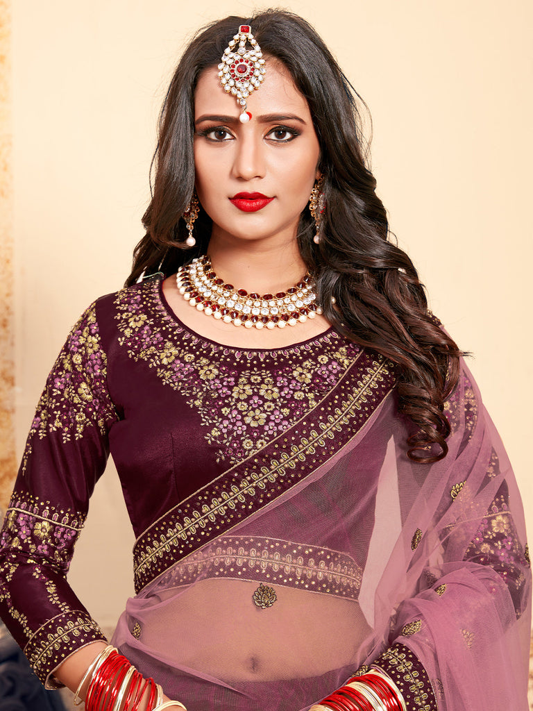 Soft Net Maroon  Semi Stitched Lehenga With  Unstitched Blouse Clothsvilla