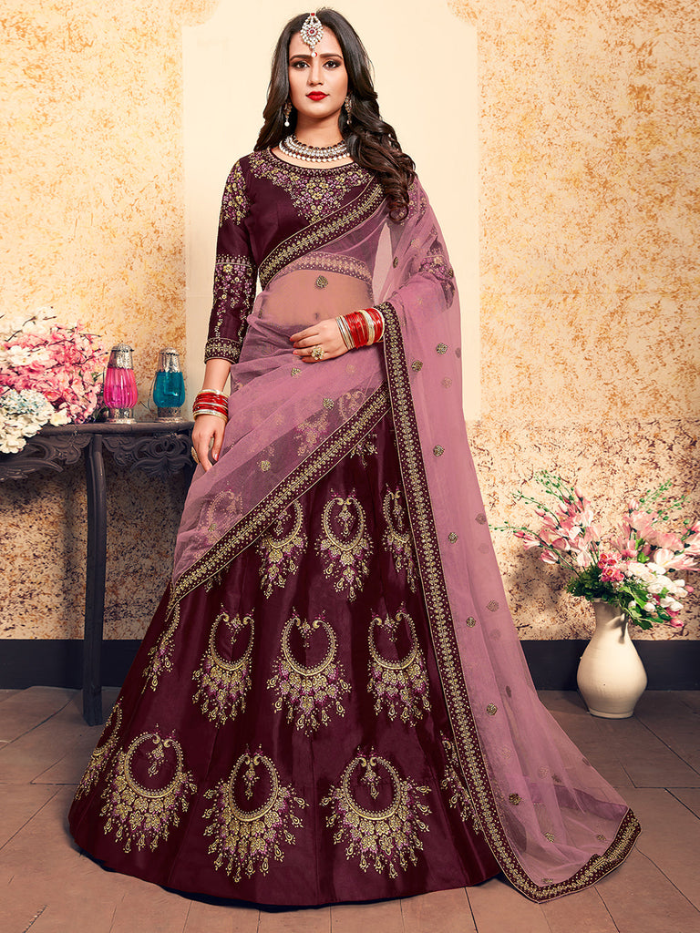 Soft Net Maroon  Semi Stitched Lehenga With  Unstitched Blouse Clothsvilla