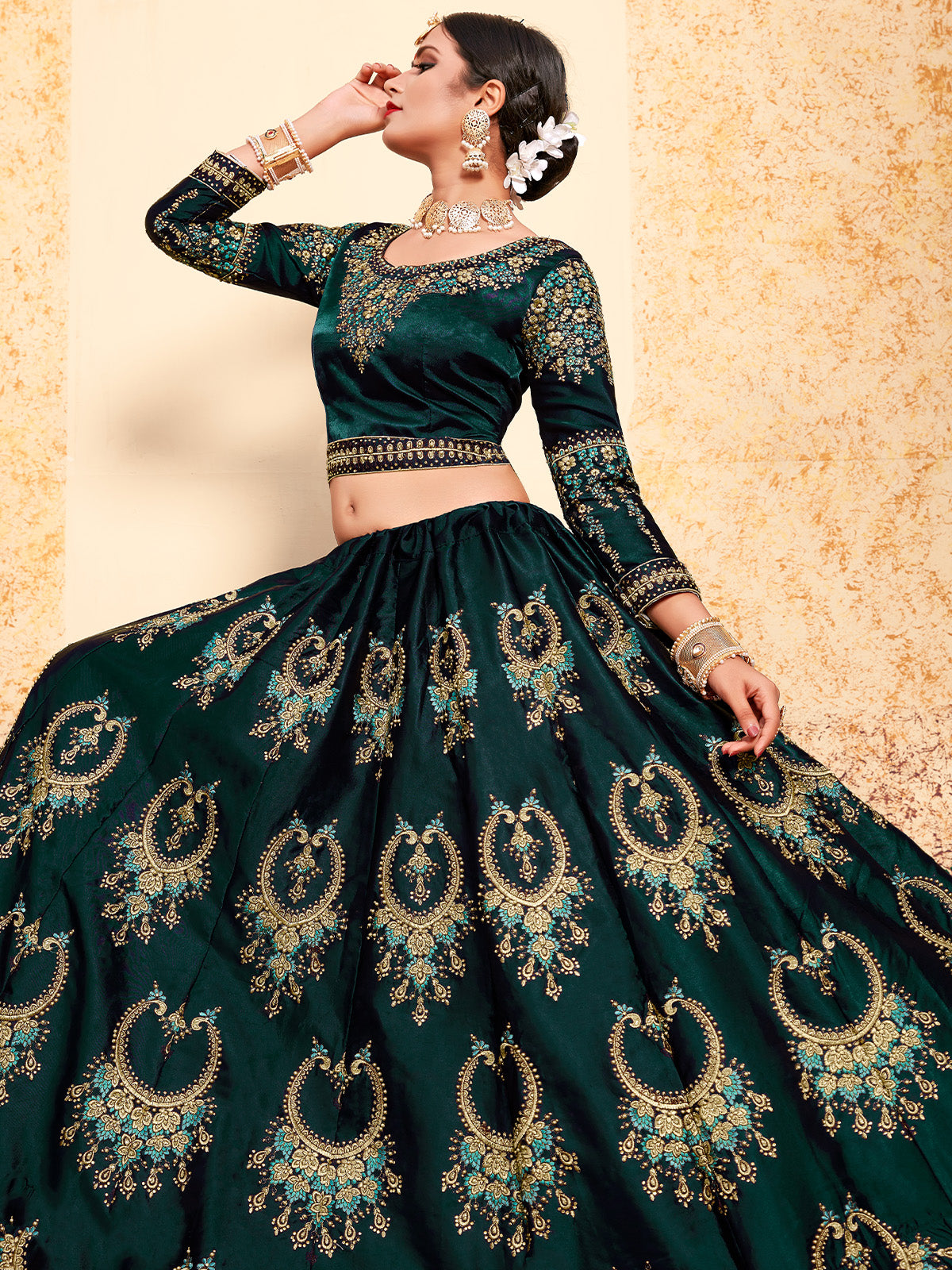 Semi Stitched Green Embroidered Lehenga Choli Clothsvilla