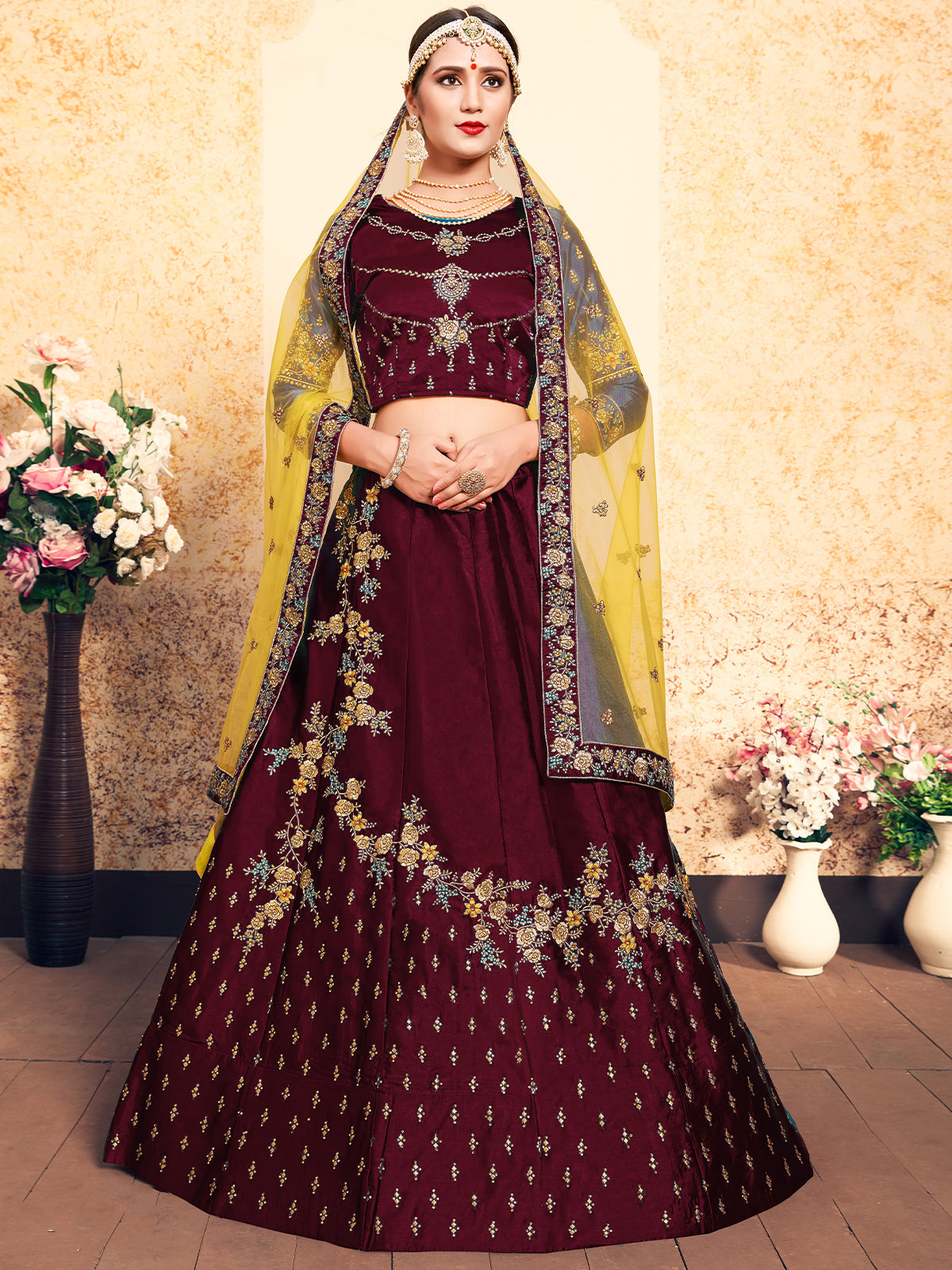Soft Net Maroon  Semi Stitched Lehenga With  Unstitched Blouse Clothsvilla Main image