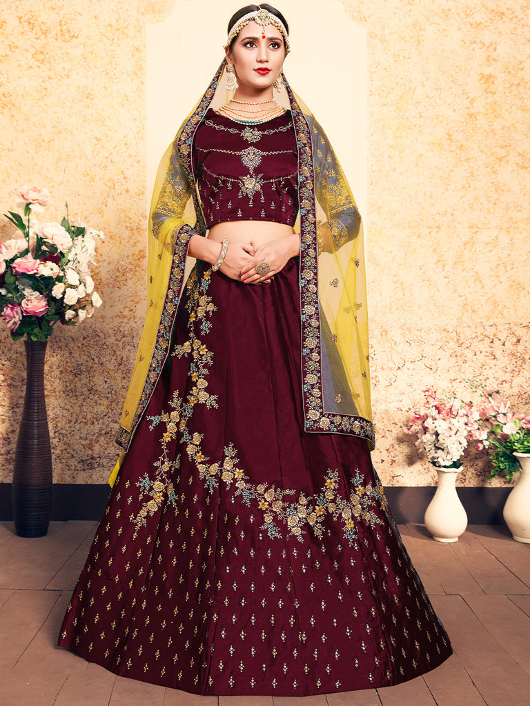 Soft Net Maroon  Semi Stitched Lehenga With  Unstitched Blouse Clothsvilla