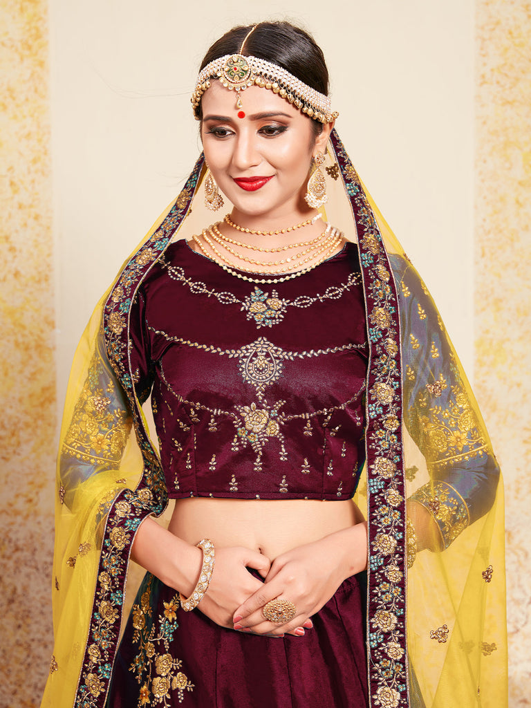 Soft Net Maroon  Semi Stitched Lehenga With  Unstitched Blouse Clothsvilla