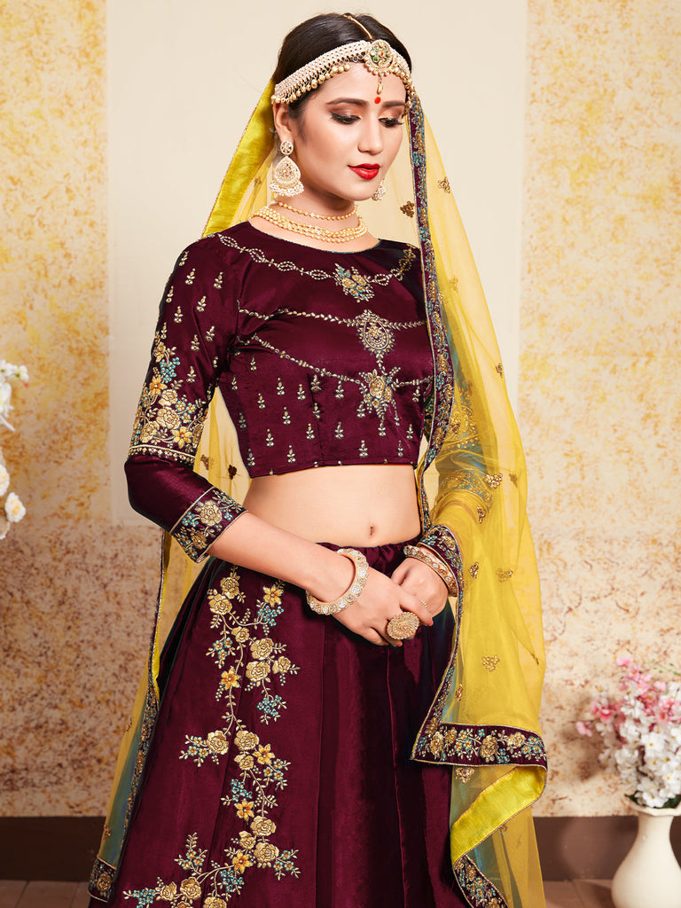 Soft Net Maroon  Semi Stitched Lehenga With  Unstitched Blouse Clothsvilla