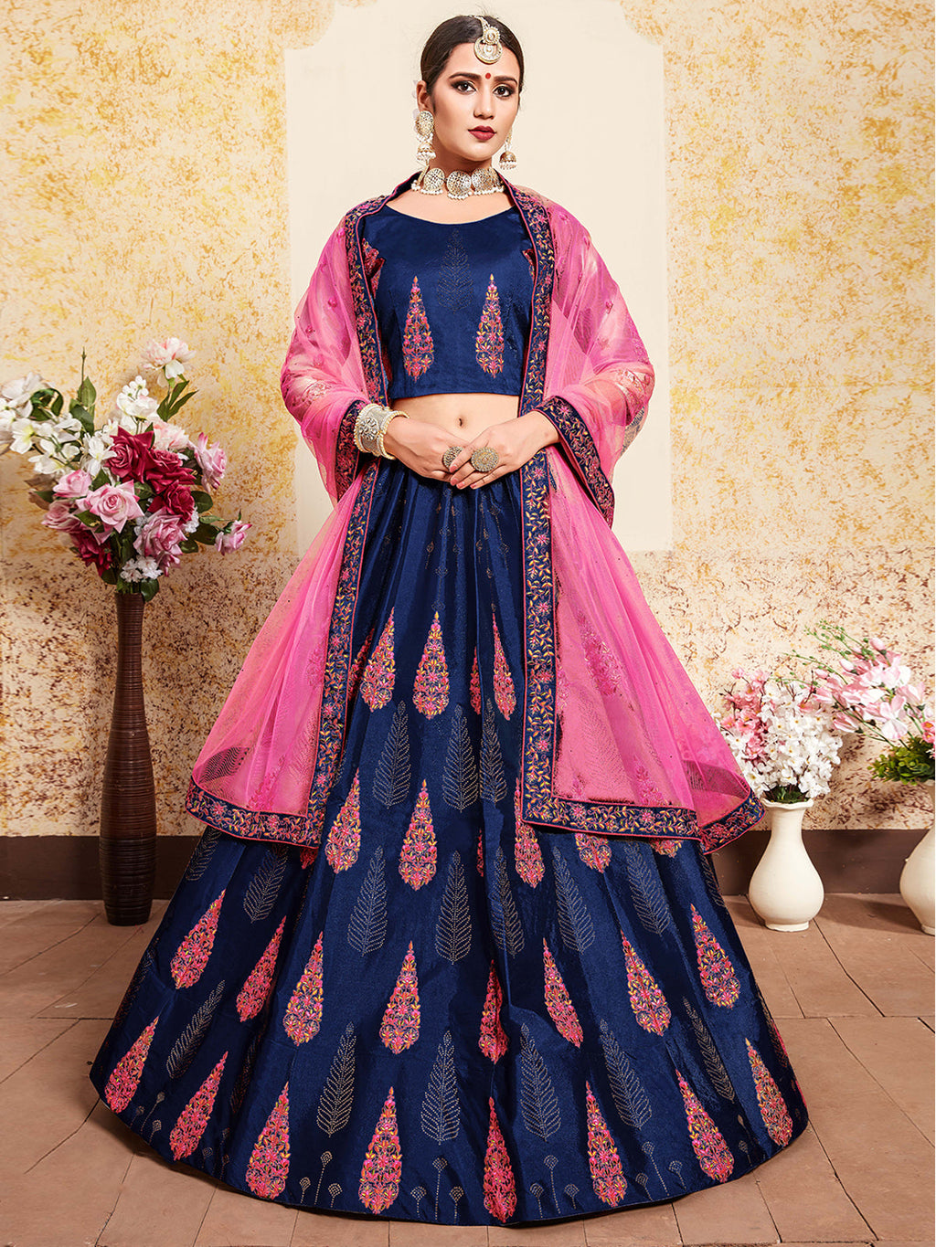 Navy Blue Designer  Semi Stitched Lehenga With  Unstitched Blouse Clothsvilla