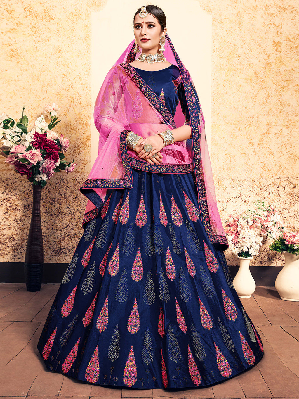 Navy Blue Designer  Semi Stitched Lehenga With  Unstitched Blouse Clothsvilla