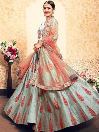 Grey Designer Semi Stitched Lehenga With  Unstitched Blouse Clothsvilla