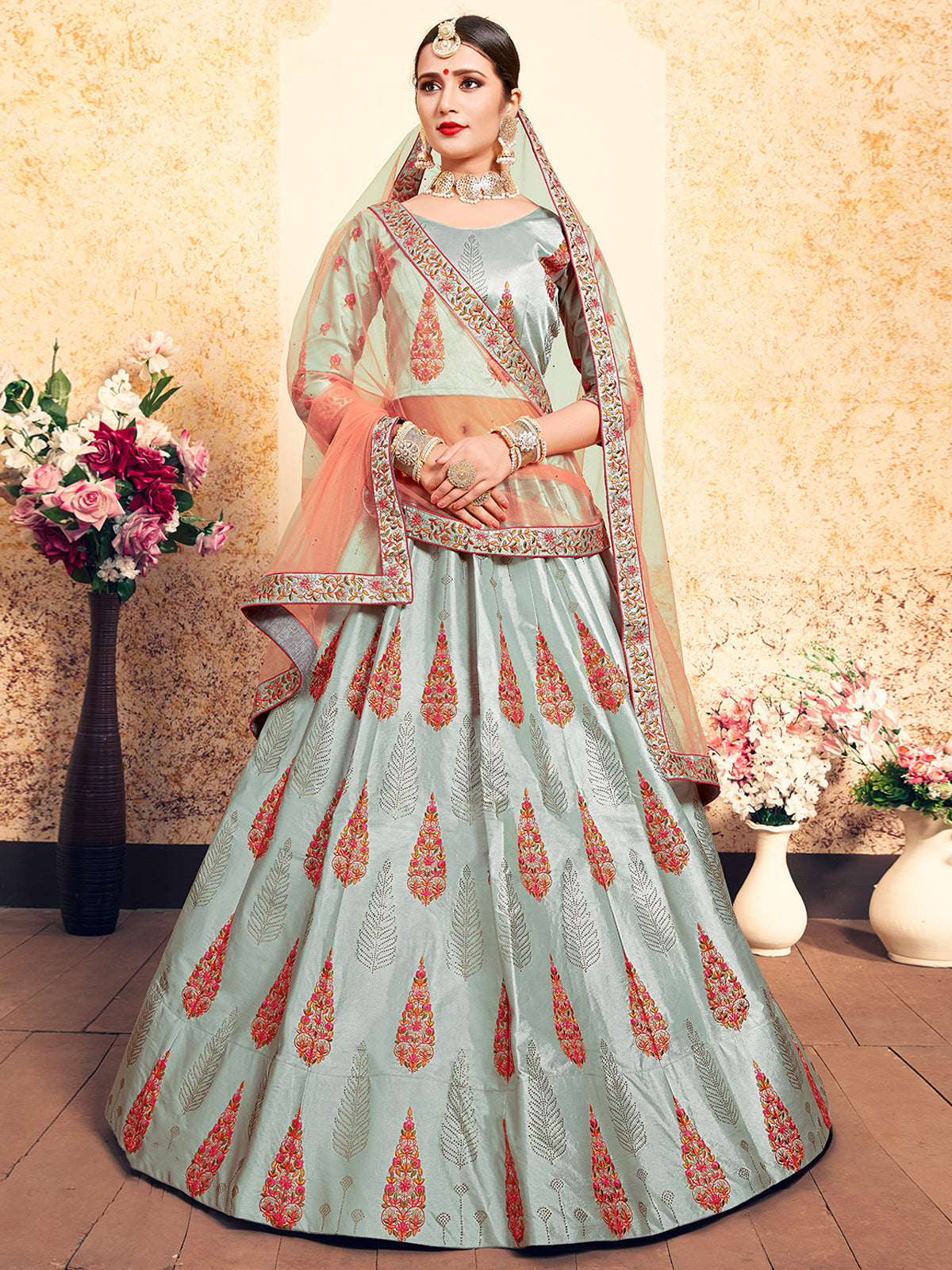 Grey Designer Semi Stitched Lehenga With  Unstitched Blouse Clothsvilla