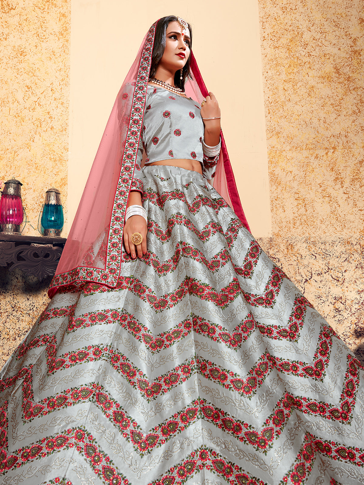 Grey Designer Semi Stitched Lehenga With  Unstitched Blouse Clothsvilla