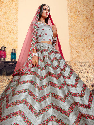 Grey Designer Semi Stitched Lehenga With  Unstitched Blouse Clothsvilla