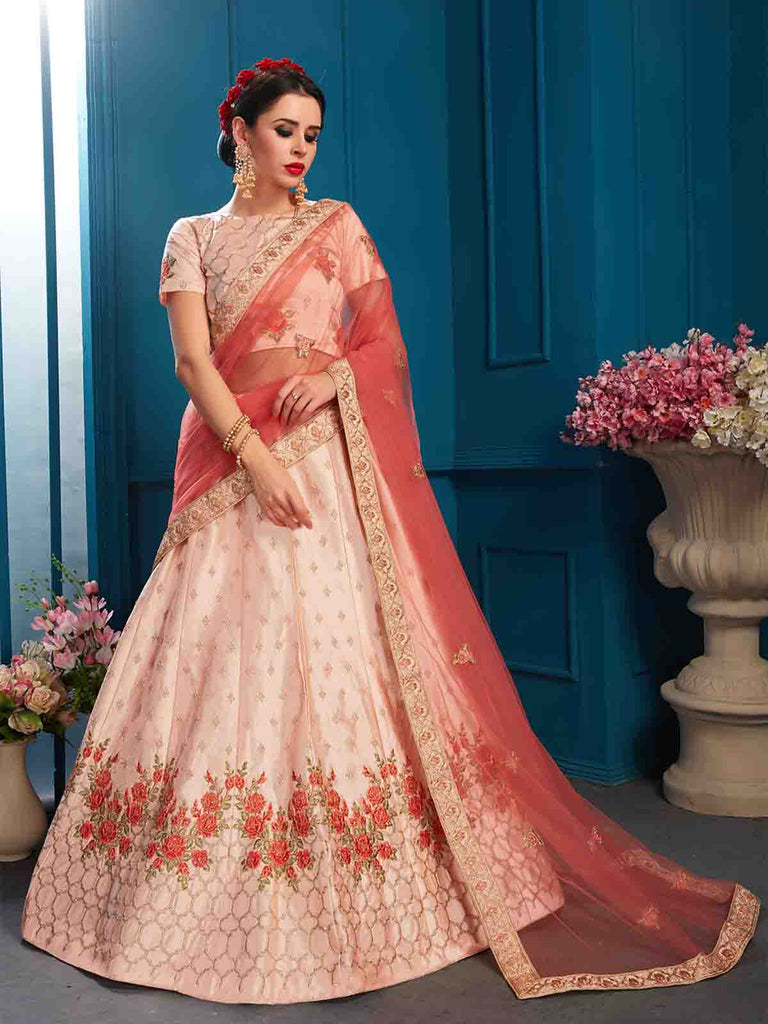 Peach Designer Semi Stitched Lehenga With Unstitched Blouse Clothsvilla