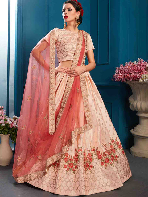 Peach Designer Semi Stitched Lehenga With Unstitched Blouse Clothsvilla Main image