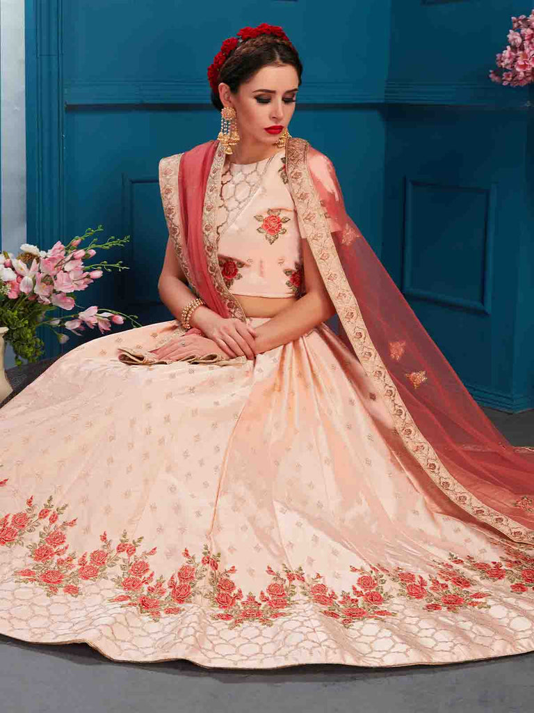 Peach Designer Semi Stitched Lehenga With Unstitched Blouse Clothsvilla