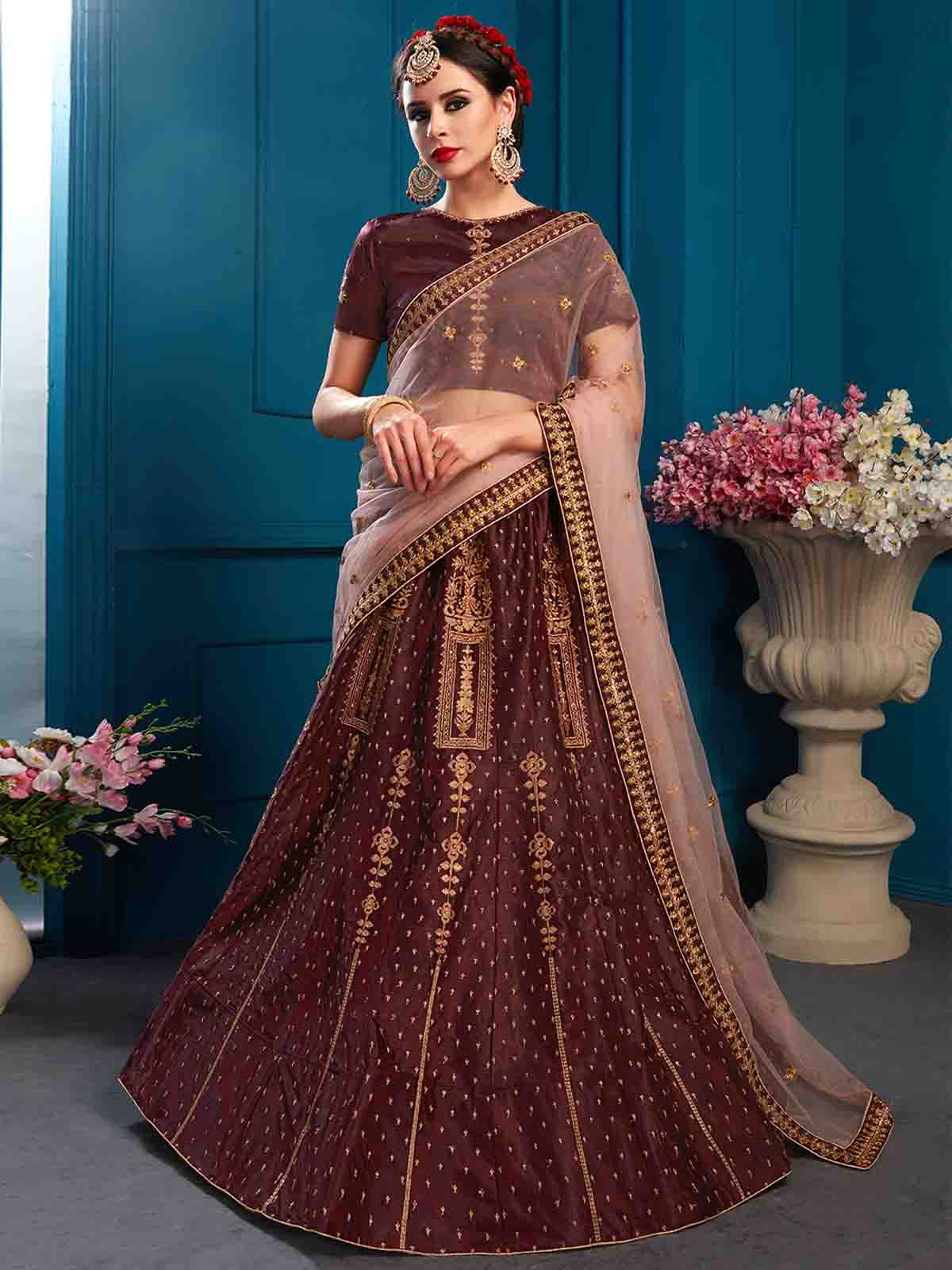 Brown Designer Satin Semi Stitched Lehenga With Unstitched Blouse Clothsvilla Main image