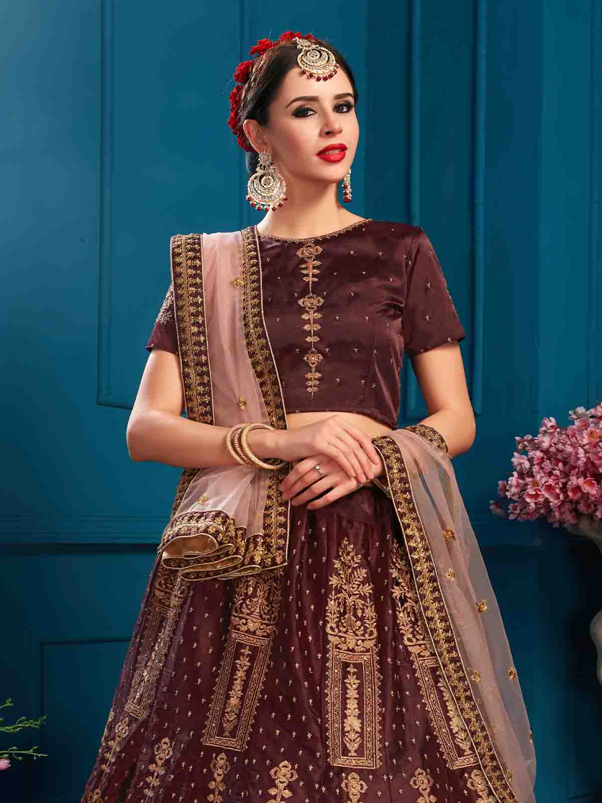 Brown Designer Satin Semi Stitched Lehenga With Unstitched Blouse Clothsvilla
