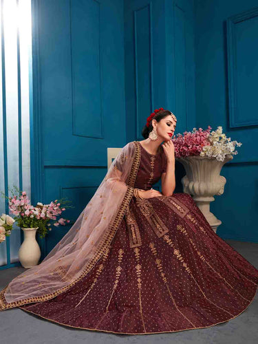 Brown Designer Satin Semi Stitched Lehenga With Unstitched Blouse Clothsvilla