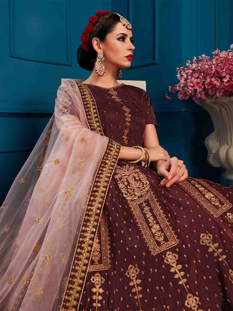 Brown Designer Satin Semi Stitched Lehenga With Unstitched Blouse Clothsvilla