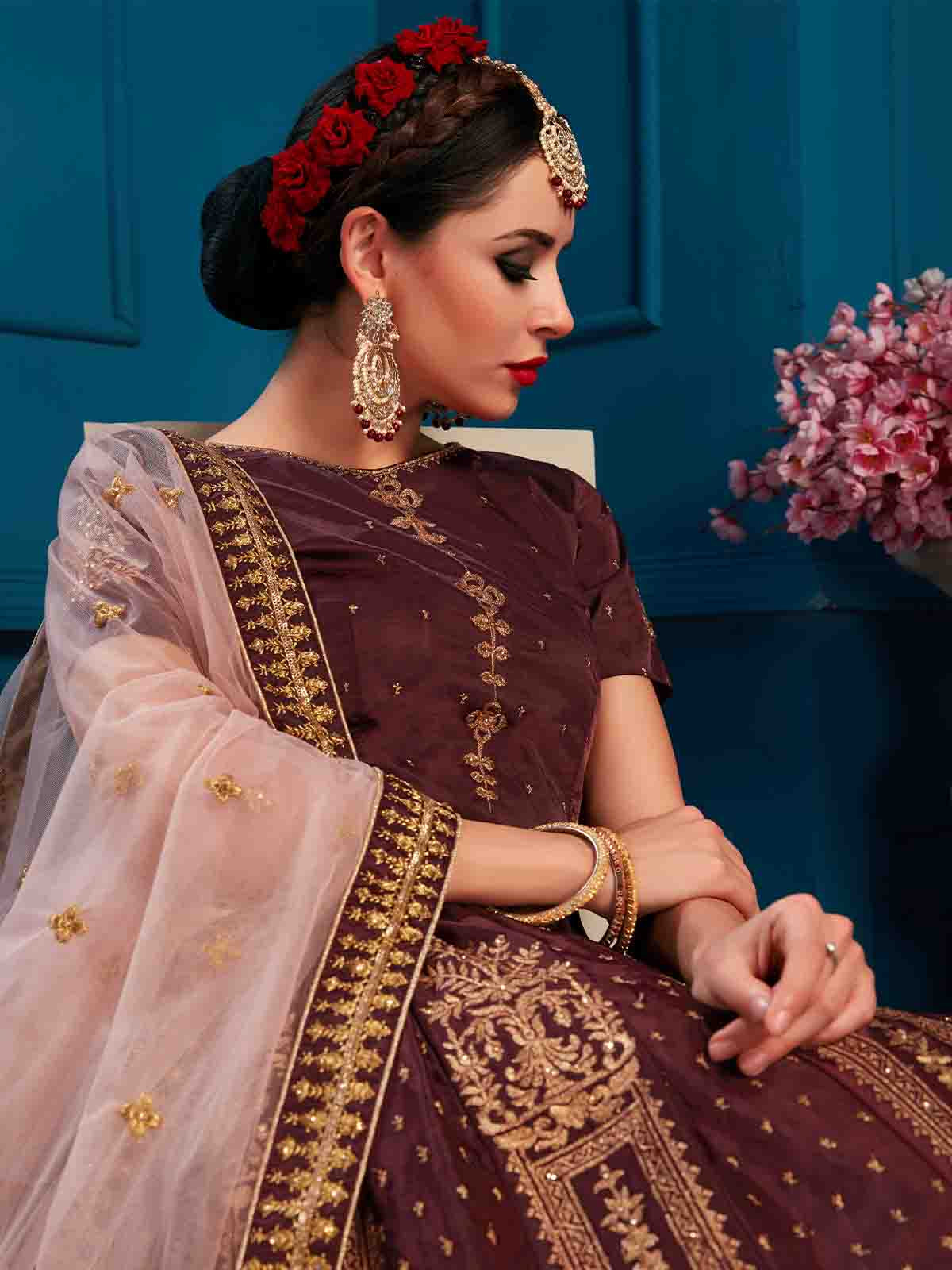 Brown Designer Satin Semi Stitched Lehenga With Unstitched Blouse Clothsvilla