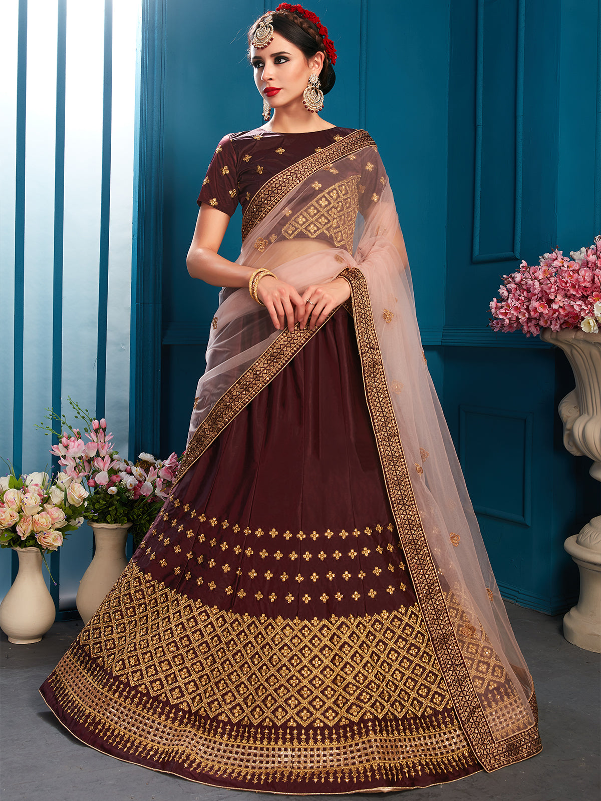 Brown Sparkling Sequins Semi Stitched Lehenga With Unstitched Blouse Clothsvilla Main image