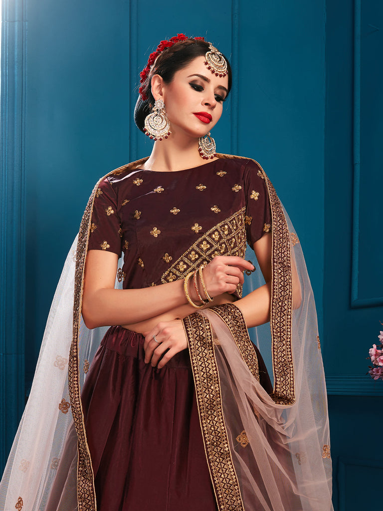 Brown Sparkling Sequins Semi Stitched Lehenga With Unstitched Blouse Clothsvilla