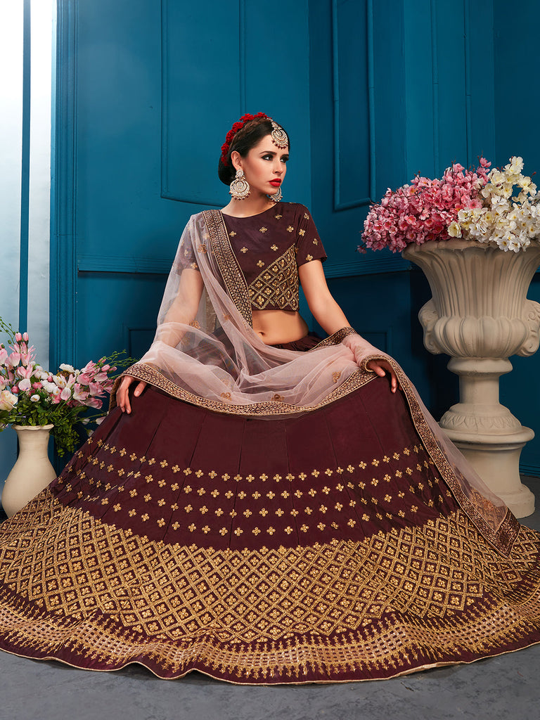 Brown Sparkling Sequins Semi Stitched Lehenga With Unstitched Blouse Clothsvilla