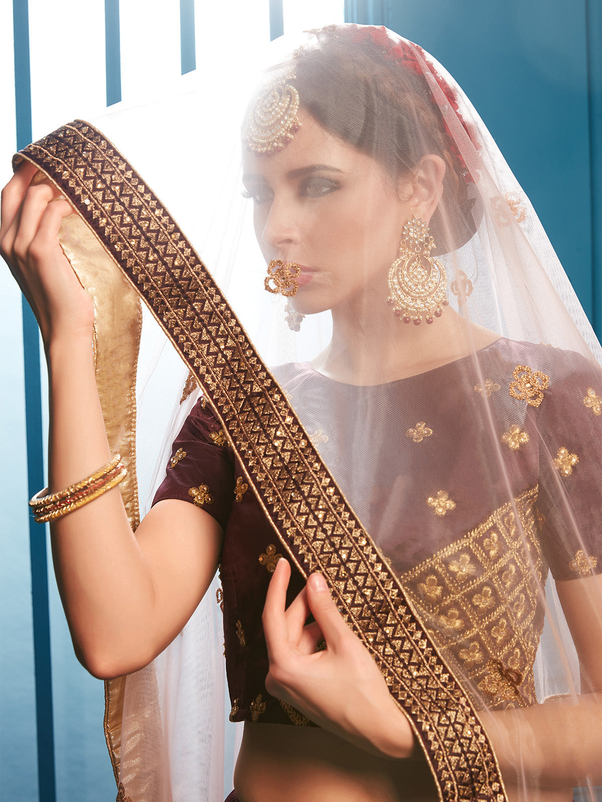 Brown Sparkling Sequins Semi Stitched Lehenga With Unstitched Blouse Clothsvilla