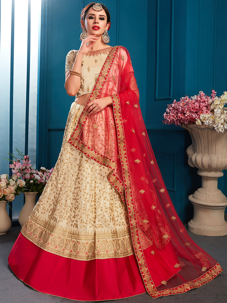 Beige Designer Semi Stitched Lehenga With Unstitched Blouse Clothsvilla