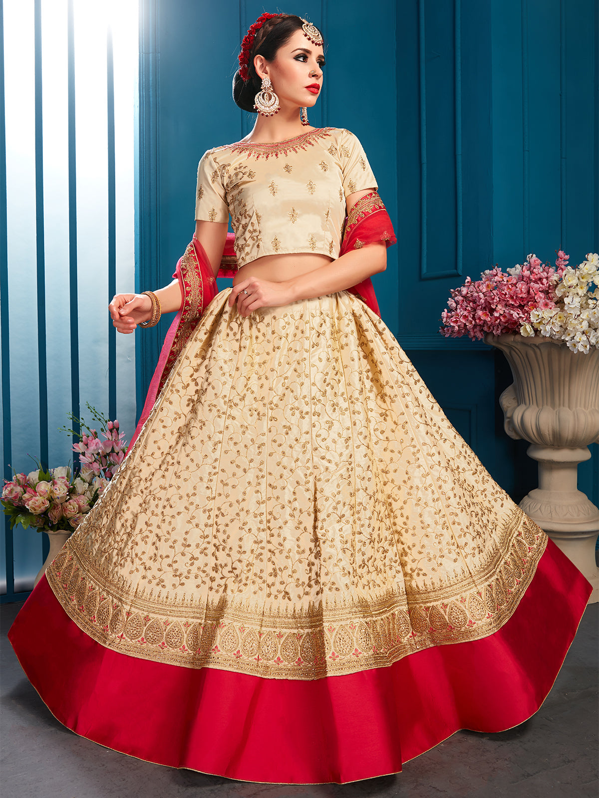 Beige Designer Semi Stitched Lehenga With Unstitched Blouse Clothsvilla