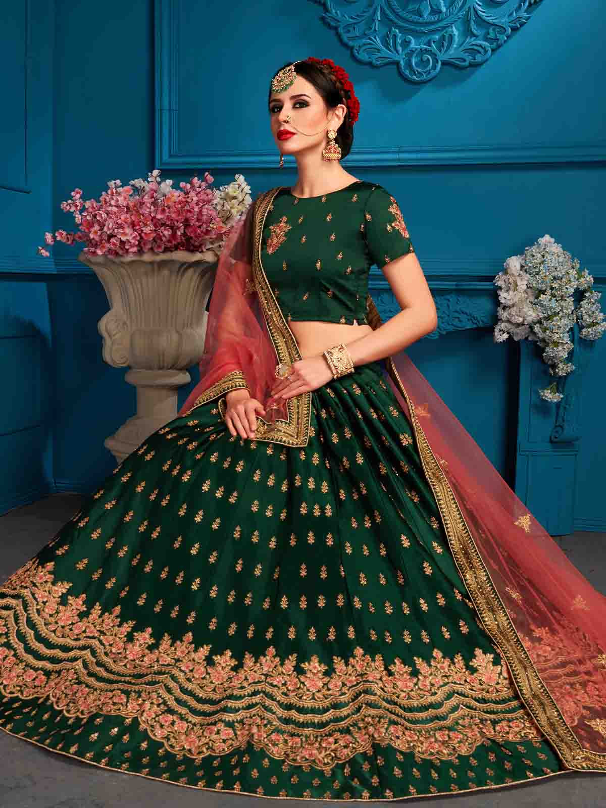 Green Designer Semi Stitched Lehenga With Unstitched Blouse Clothsvilla