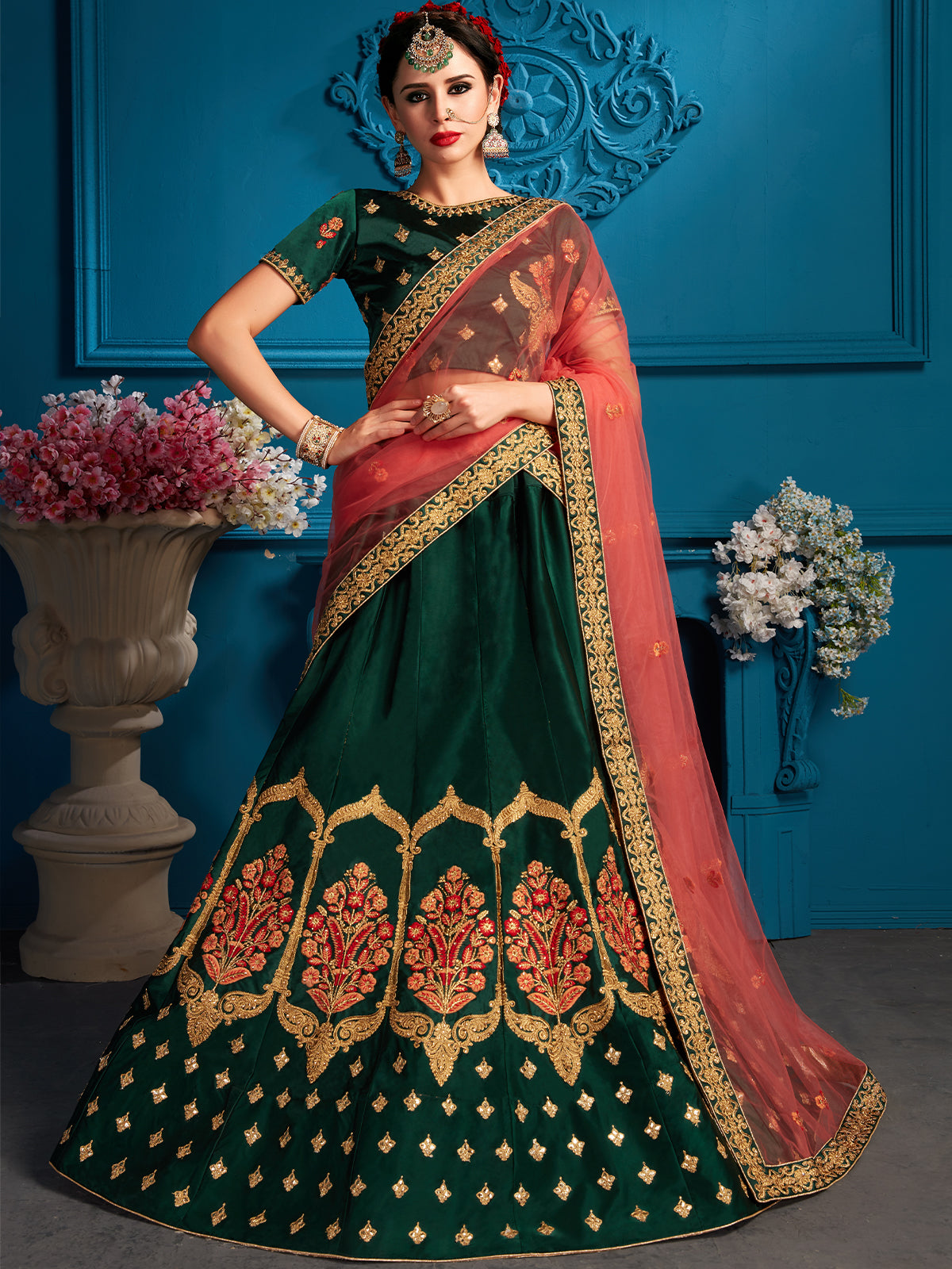 Green Resham,Zari,Stone Semi Stitched Lehenga With Unstitched Blouse Clothsvilla Main image