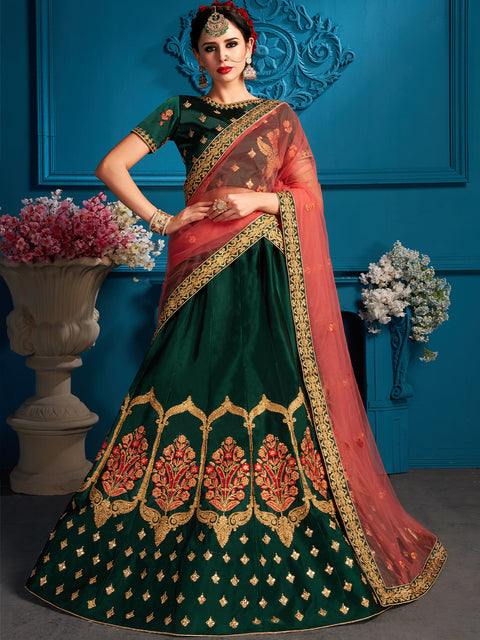Green Resham,Zari,Stone Semi Stitched Lehenga With Unstitched Blouse Clothsvilla Main image