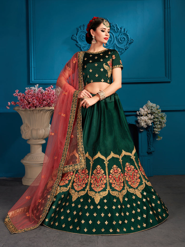 Green Resham,Zari,Stone Semi Stitched Lehenga With Unstitched Blouse Clothsvilla