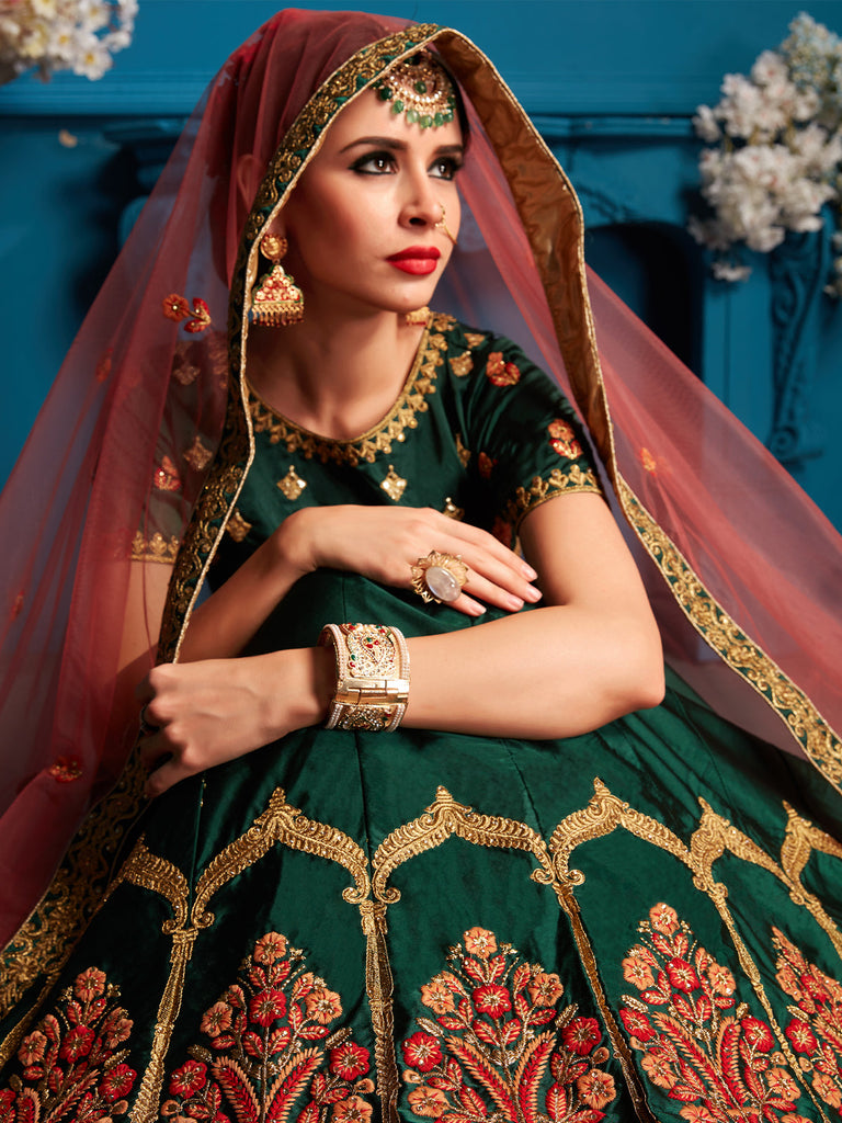 Buy Green Dupion Sweetheart Neck Embroidered Bridal Lehenga Set For Women  by Megha & Jigar Online at Aza Fashions.