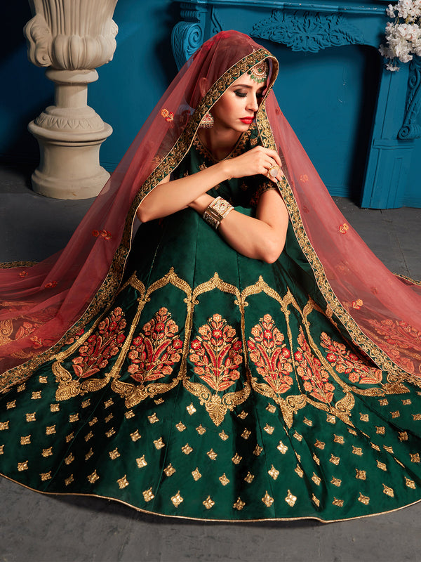Green Resham,Zari,Stone Semi Stitched Lehenga With Unstitched Blouse Clothsvilla