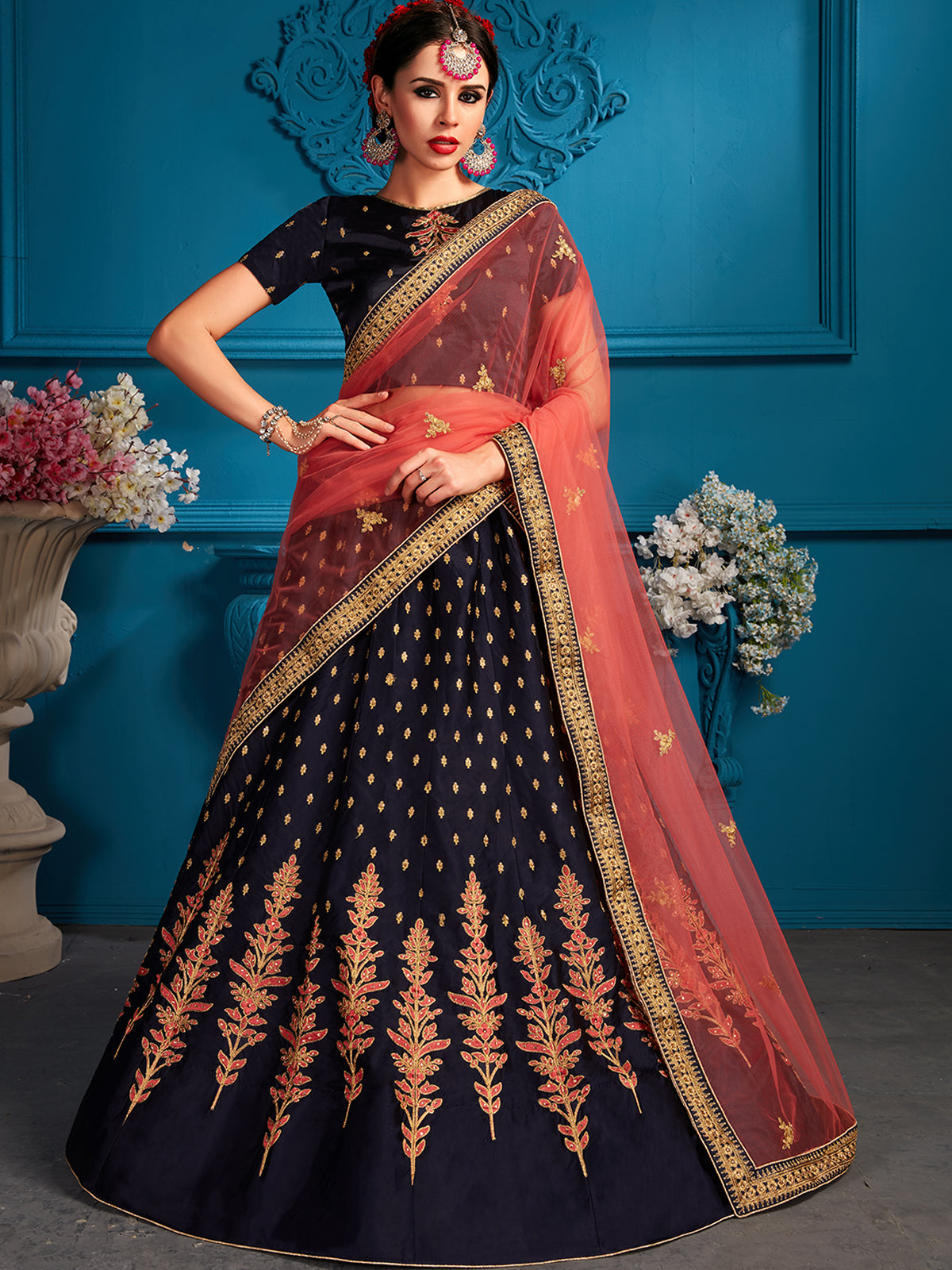 Dark Blue Sequins Semi Stitched Lehenga With Unstitched Blouse Clothsvilla